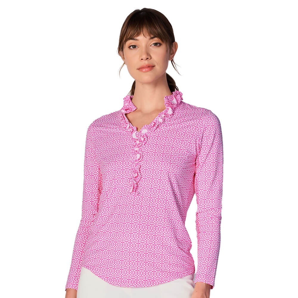 NWT G Lifestyle UPF 50+ Long Sleeve Ruffle Active Top Pink and White Size XL
